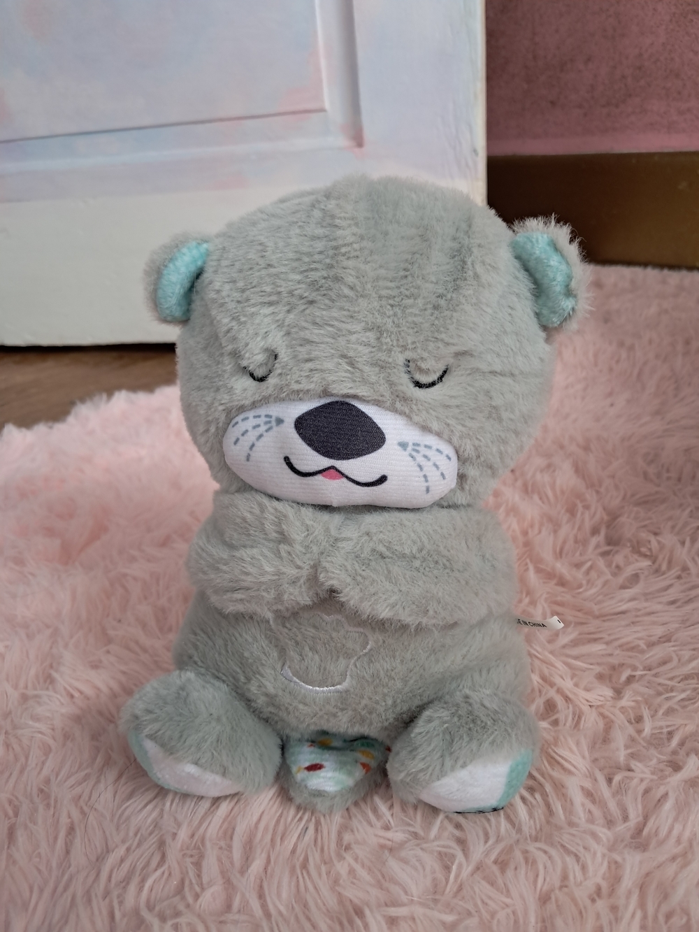 Sleepy Time Crib Toy- Breathing & Musical Gray Plush Bear W/ Light Up Tummy
